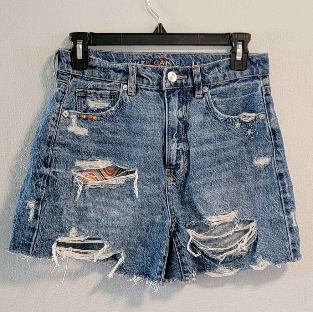 2 American Eagle Rainbow Highest Rise Baggy Short Artsy Funky Denim Distressed